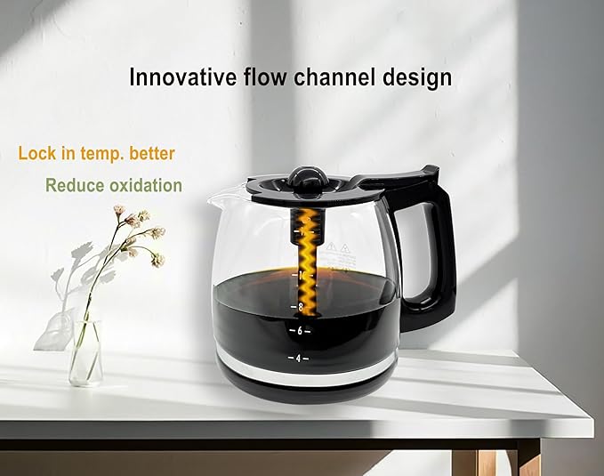 12-Cup Glass Coffee Pot Replacement, Universal and Adjustable, Compatible with Mr Coffee, B&D, Hamilton Beach and Cuisinart Coffee Makers, Black Lid and Handle
