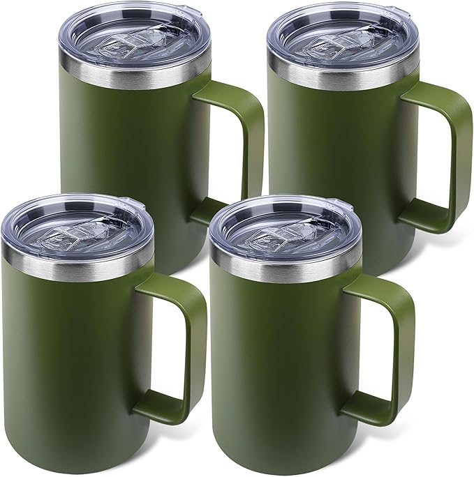 Zynkify 22oz Insulated Coffee Mug with Handle & Leak-Proof Lid - Double Wall Stainless Steel Travel Tumbler Bulk for Commute/Office/Home, Army Green, 4 Pack