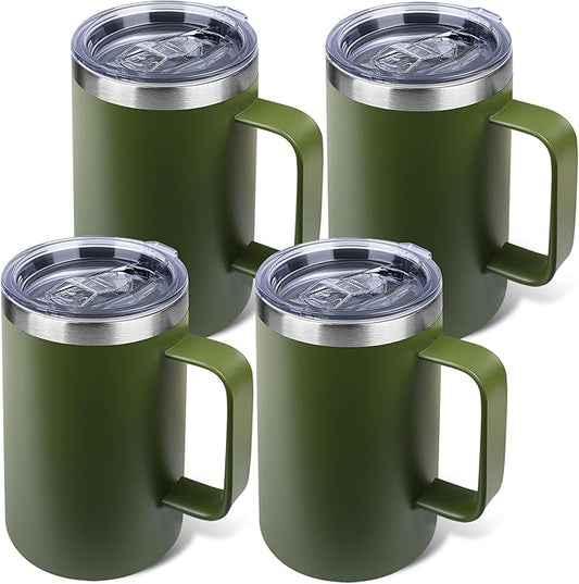 Zynkify 22oz Insulated Coffee Mug with Handle & Leak-Proof Lid - Double Wall Stainless Steel Travel Tumbler Bulk for Commute/Office/Home, Army Green, 4 Pack