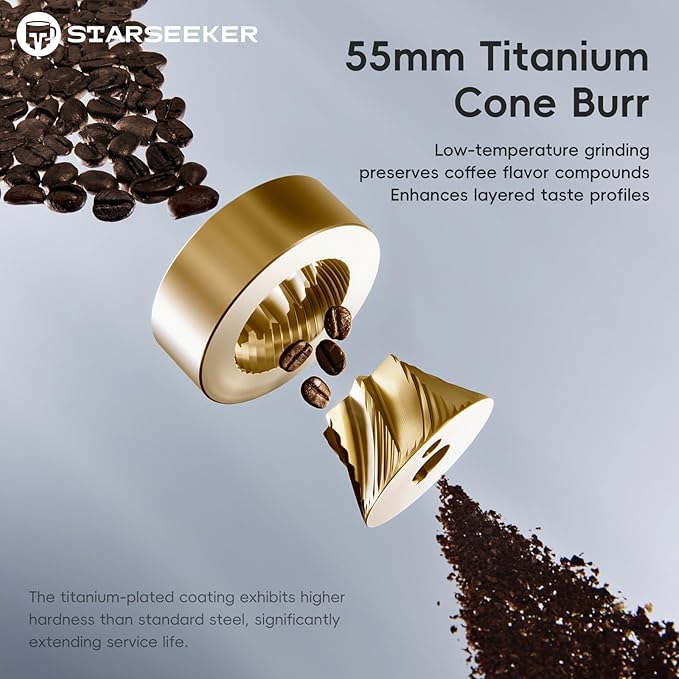 STARSEEKER E55 Pro Electric Coffee Grinder, 55mm Titanium Conical Burr - Professional Espresso Grinder with Stepless Adjustment & Anti-Static Tech, for Home, Office, Café Use
