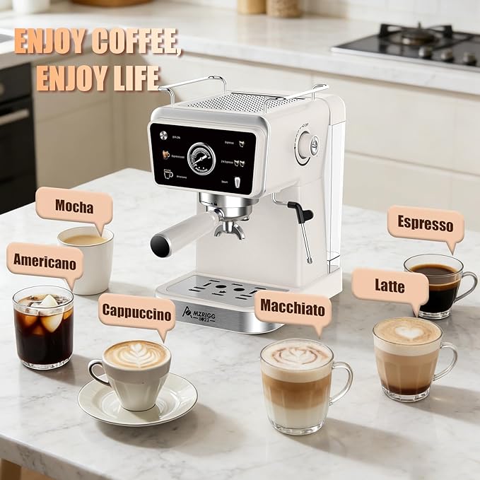 Espresso Machine – 20 Bar Pressure, Also Supports Americano, Latte, Cappuccino & Iced Coffee, 1.5L Water Tank, Milk Frothing & Hot Water, White Retro Design for Home & Office