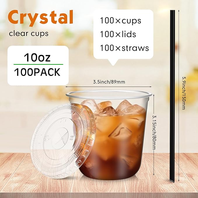 100 Set 10 oz Clear Plastic Cups with Lids and Straws, Disposable Iced Coffee PET Cups for Drinking Cold Beverage Juice Parfait Smoothie Milkshake Coffee Shops Party Supplies