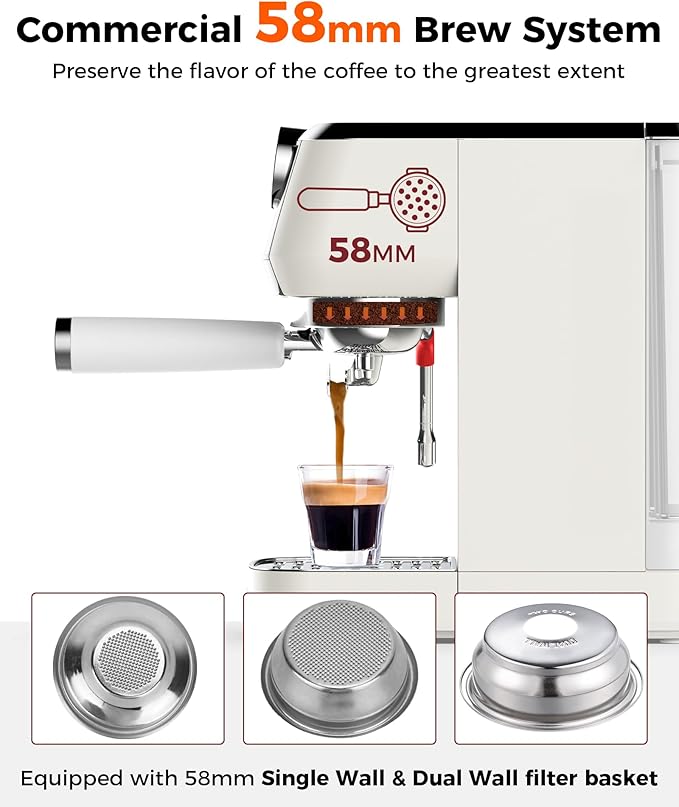 Tuni E2 58mm Espresso Machine with G1 Ivory Conical Coffee Grinder and Bottomless Portafilter Combo Set, 20Bar Dual Boiler Espresso Maker Kit