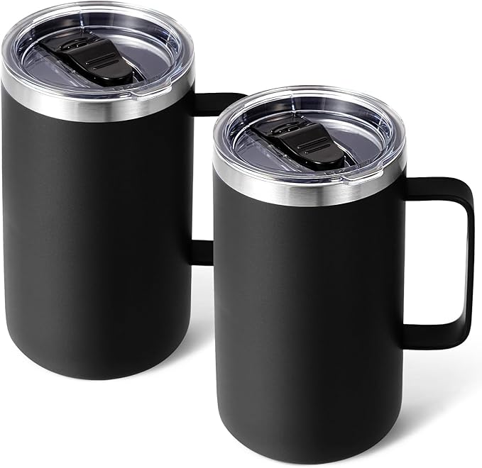 Volhoply 24oz Insulated Coffee Mug with Lid and Straw, Stainless Steel Travel Mugs with Handle, Double Wall Vacuum Leak Proof Coffee Tumbler Cup (Black,2)