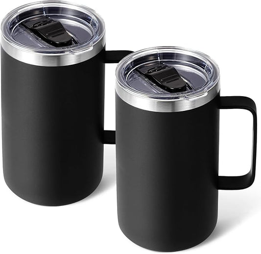 Volhoply 24oz Insulated Coffee Mug with Lid and Straw, Stainless Steel Travel Mugs with Handle, Double Wall Vacuum Leak Proof Coffee Tumbler Cup (Black,2)