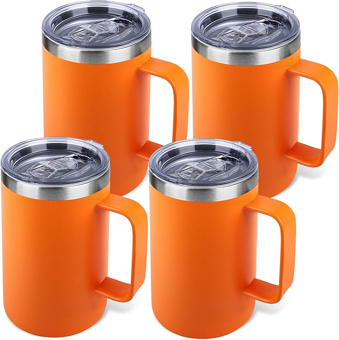Zynkify 22oz Insulated Coffee Mug with Handle & Leak-Proof Lid - Double Wall Stainless Steel Travel Tumbler Bulk for Commute/Office/Home, Orange, 4 Pack