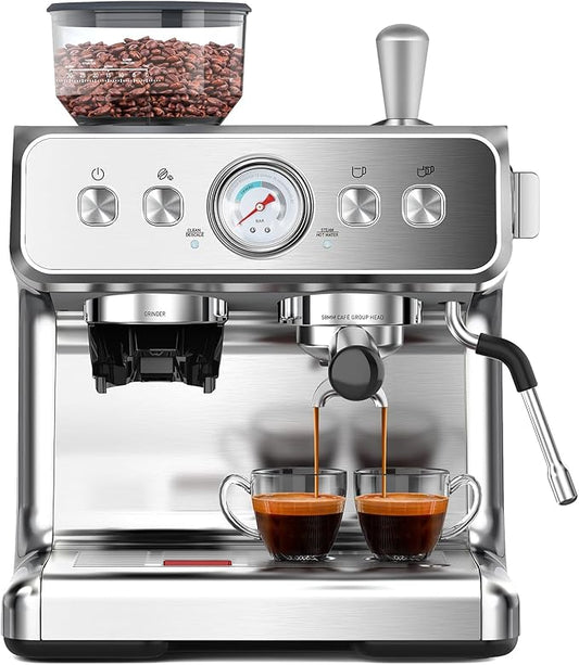 20 Bar Espresso Machine with Grinder & Milk Frother Steam Wand, 58mm Stainless Steel Coffee Maker, Expresso Coffee machines for Home and Café Use, Perfect for Cappuccino and Latte
