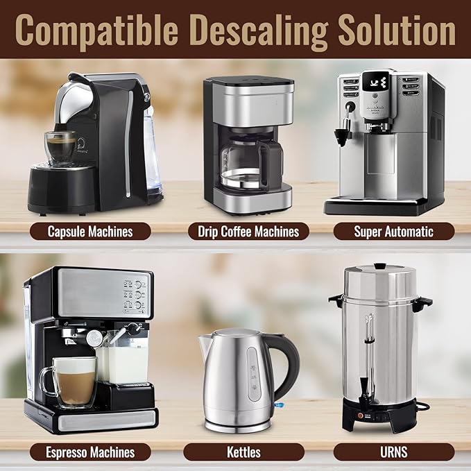 Coffee Machine Descaler Descaling Solution – 3 Pack (6 Uses) Compatible with Keurig, Nespresso, Breville, Delonghi, Jura, Ninja - Espresso Coffee Maker Cleaner, Coffee Pot Cleaning Limescale Remover