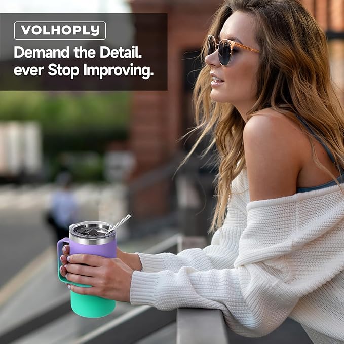 Volhoply 24oz Insulated Coffee Mug with Lid and Straw, Stainless Steel Travel Mugs with Handle, Double Wall Vacuum Leak Proof Coffee Tumbler Cup (Purple Green,1)