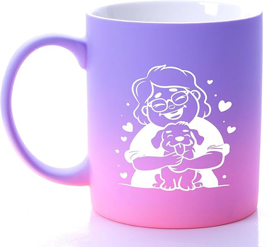 G MUGS Dog Lover Ceramic Coffee Mug, Cute Glasses Girl & Dog Hug Design Mug, Tea Mug, Adorable Pet Lover Gift for Women Teens,13oz Sunset Glow Mug