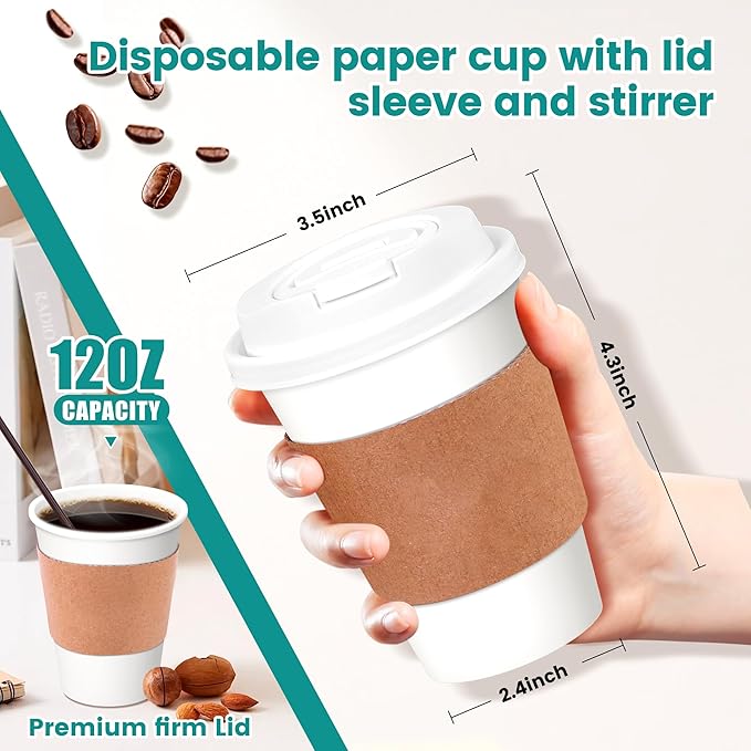 12 oz Disposable Coffee Cups with Lids, Sleeves and Stirrers 100 Pack, Hot Cups with Lids, Leak-Proof To Go Cups for Hot Chocolate, Cocoa, Office, Coffee Bar Accessories
