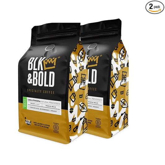 BLK & Bold Whole Bean Coffee, Limu Ethiopia Single Origin Premium Light Roast, Natural Processed, Whole Bean, 100% Arabica Beans, 12 oz Bag (2 Pack)