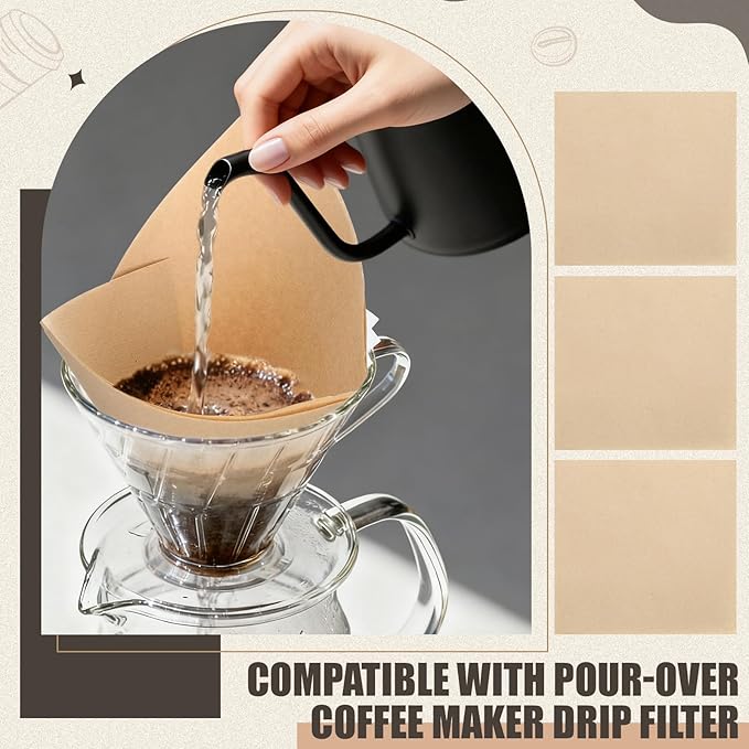 400 Count Pre-folded Coffee Filter Bulk Fit 5-13 Cups Unbleached Natural Cone Square Pour over Disposable Filter Paper for Taste Compatible with Pour over Coffee Maker Dripper