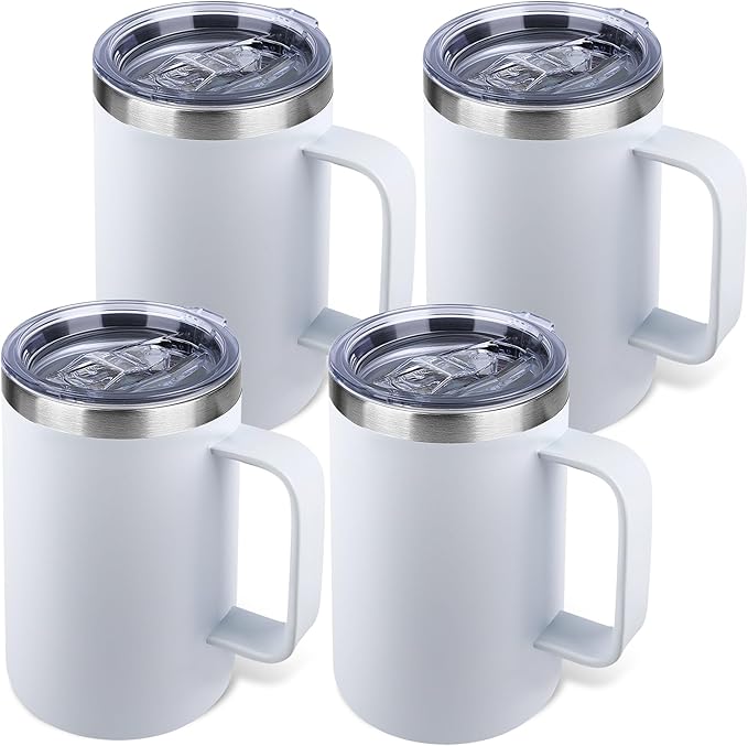 Zynkify 22oz Insulated Coffee Mug with Handle & Leak-Proof Lid - Double Wall Stainless Steel Travel Tumbler Bulk for Commute/Office/Home, White, 4 Pack