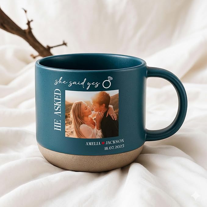 Personalized She Said Yes Engagement Photo Pottery Mug 12oz, Custom Couple Picture Mug with Names & Date, Wedding and Anniversary for Couple