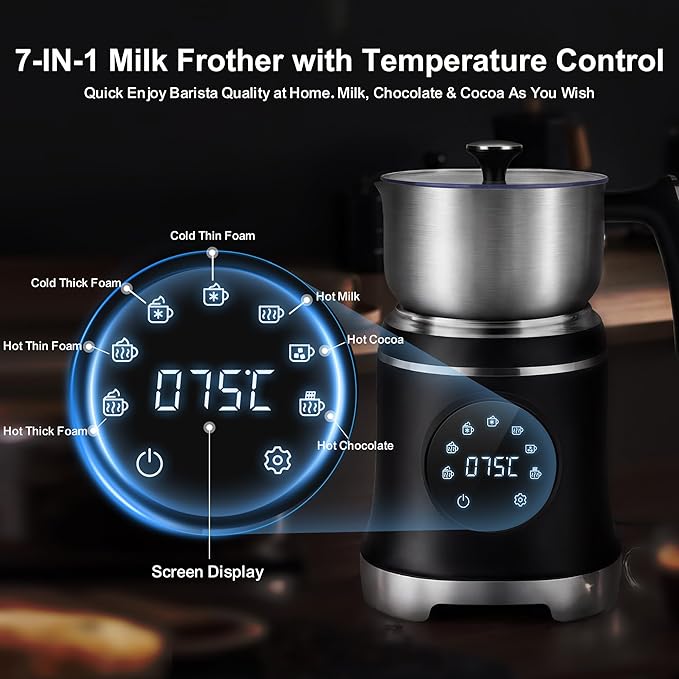 VIPDIGI 7-IN-1 Milk Frother, 20.3 OZ Milk Frother and Steamer with Temperature Control Stainless Steel Electric Milk Frother Dishwasher Safe Hot and Cold Foam for Latte Hot Chocolate Cocoa (Black)