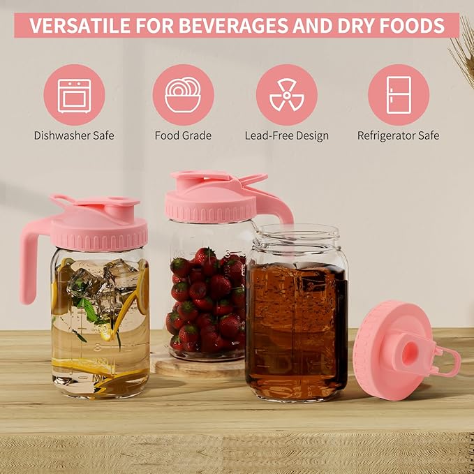 Cnsndqedke 64oz Glass Pitcher with Lid &Pour Spout - 2 Quart Breastmilk Pitcher Double Leak Proof, Creamer Container for Sun Tea, Juice, Cold Brew Coffee, Breastmilk Storage Container -Pink Lid