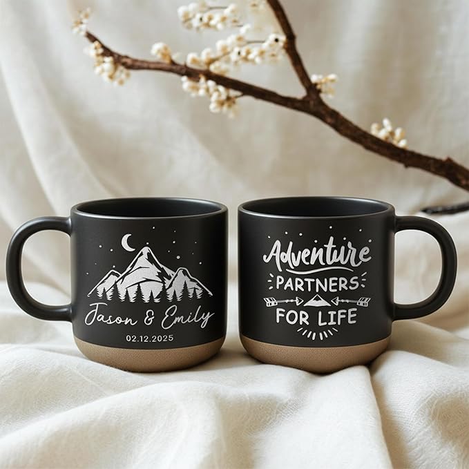 Personalized Adventure Couple Pottery Mug 12oz, Custom Mountain Design Coffee Mug with Names & Date, Engagement, Wedding & Anniversary for Couples
