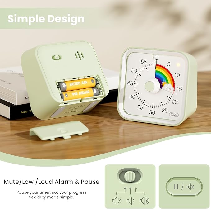 InfPokid Visual Timer for Kids with Pause Function, Cute Silent Timer with Rainbow for Classroom, Teaching, Task, Kitchen, 60 Minute Countdown Time Management for ADHD (Rainbow Green)