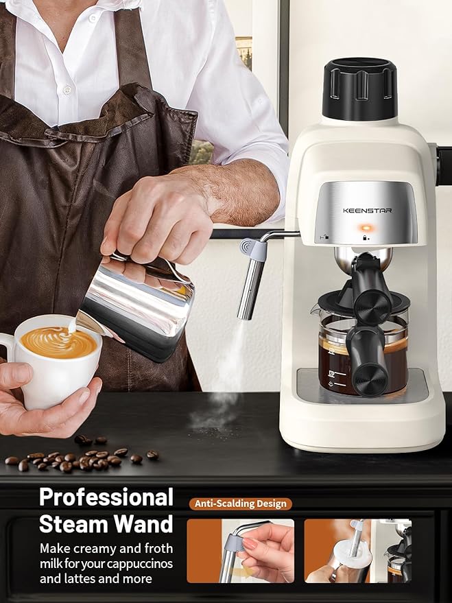 KEENSTAR 3.5Bar Espresso Machine with Milk Frother, 800W Compact Espresso and Cappuccino Machine with Preheating Function, 4 Cup Espresso Maker for Cappuccino or Latte, Gift for Coffee Lover