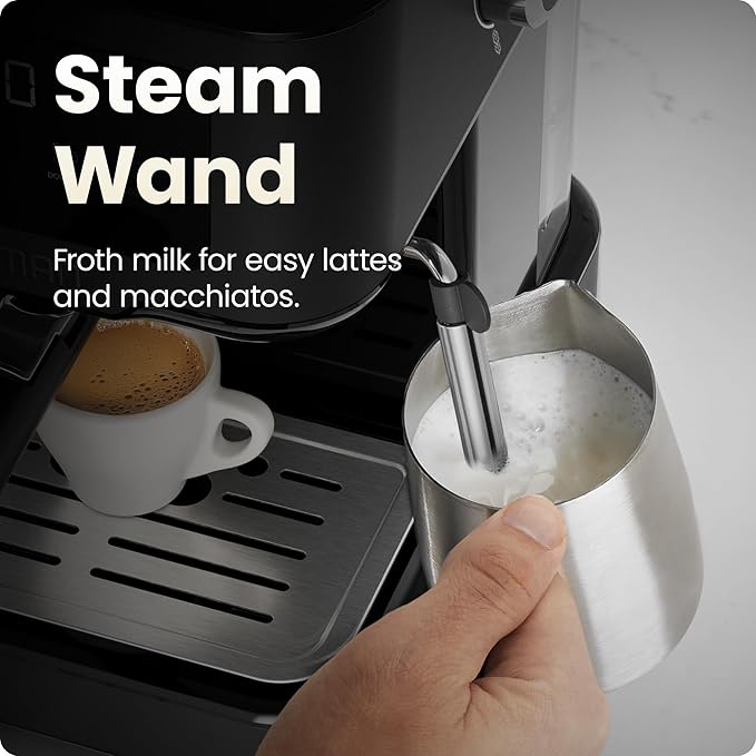 Chefman CraftBrew Espresso Machine, 15-Bar Pump Digital Espresso Maker w/Steam Wand for Latte & Cappuccino, Compact Espresso Coffee Machine w/ 1.5L Removable Water Reservoir - Black