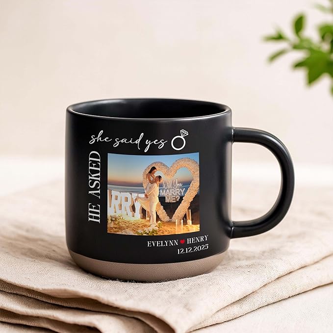 Personalized She Said Yes Engagement Photo Pottery Mug 12oz, Custom Couple Picture Mug with Names & Date, Wedding and Anniversary for Couple
