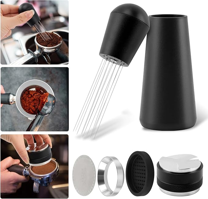51mm Espresso Accessories Kit, 2-in-1 Coffee Distributor & Tamper Leveler with Magnetic Dosing Funnel and WDT Tool for 51mm Portafilter, 5-Piece Barista Tool Set