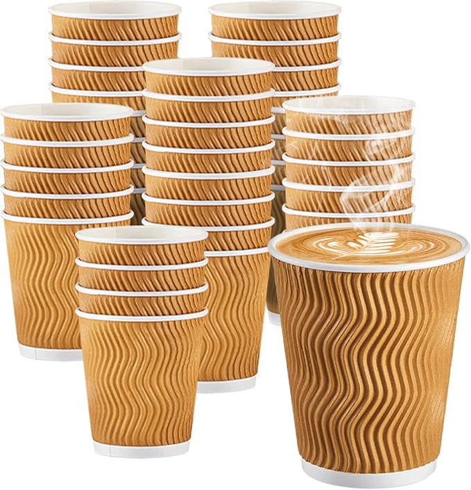 120 Pack 10 oz Coffee Cups, Disposable Corrugated Insulated Ripple Wall Paper Coffee Cups 12oz for Hot or Cold Drinks Office Home Cafe Party Travel (Champagne)