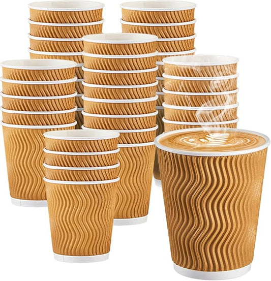 120 Pack 10 oz Coffee Cups, Disposable Corrugated Insulated Ripple Wall Paper Coffee Cups 12oz for Hot or Cold Drinks Office Home Cafe Party Travel (Champagne)