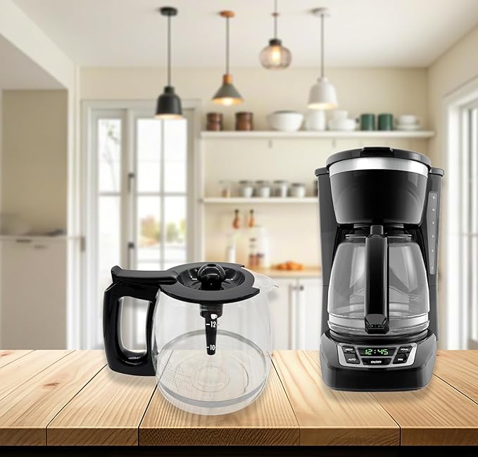 12-Cup Glass Coffee Pot Replacement, Universal and Adjustable, Compatible with Mr Coffee, B&D, Hamilton Beach and Cuisinart Coffee Makers, Black Lid and Handle
