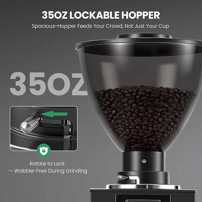Huanyu Commercial Coffee Grinder, Built-In 58mm Auto Tamper, 64mm Flat Burr, Anti-Flying Grounds Outlet, 35OZ Hopper, 14 Grinding Settings, Smart Buttons for Cafés