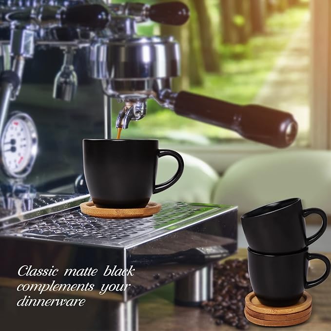 Hasense 4 OZ Espresso Cups and Saucers Set of 6, Demitasse Cups with Handle for Latte, Cappuccino, Cafe Mocha and Tea, Porcelain Coffee Cups for Coffee Bar and Party, Black
