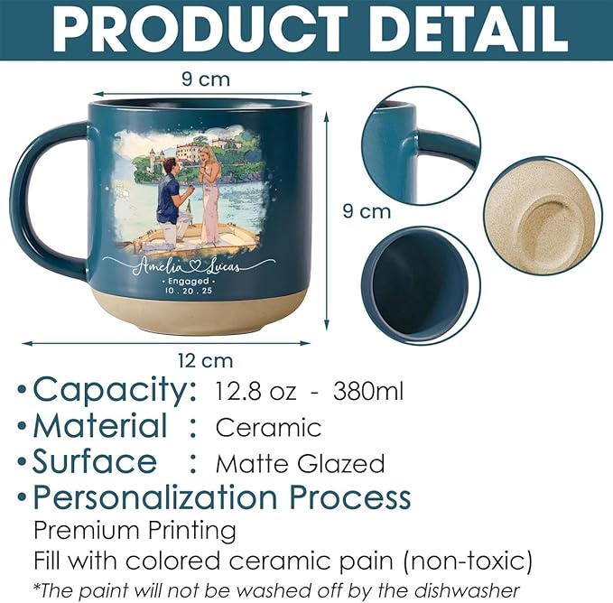 Personalized Couple Photo Pottery Mug 12oz, Custom Engagement, Wedding & Anniversary Coffee Mug, Handmade Ceramic Mug with Names, Date, Romantic Gift for Couple