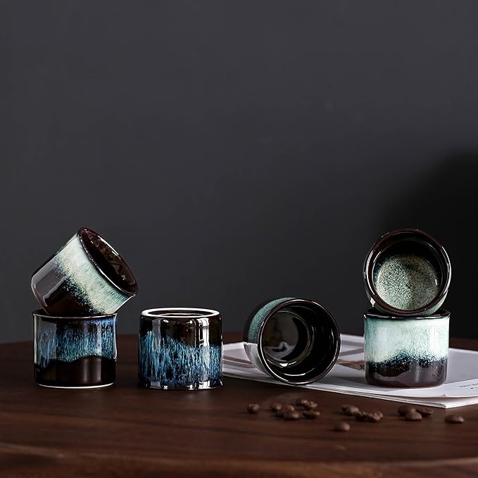 Espresso Cups Set of 6, Demitasse Cups 2.5 Ounces Coffee Mugs, Ceramic Teacups Japanese Tea Cups, Chinese Tea Cups (mixed exterior)