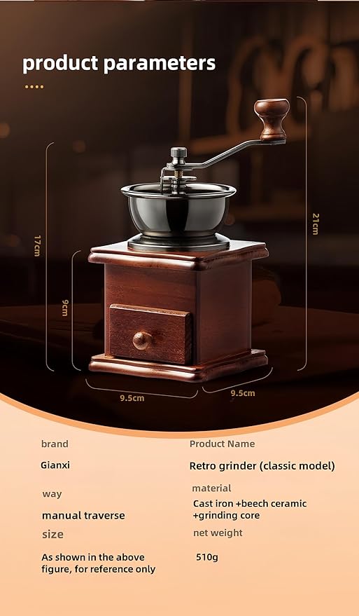 Vintage Handheld Manual Coffee Grinder with Ceramic Burr Adjustable Coarseness Ergonomic Wooden Handle Non-Slip Base for Home Kitchen Small Batch Brewing and Travel (Ferris wheel)