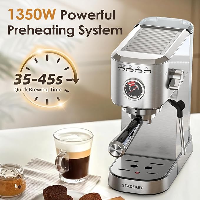 Spacekey Espresso Machine 20 Bar, 1350W Expresso Coffee Machines with Milk Frother, Compact Stainless Steel Espresso Maker with 39oz Removable Water Tank for Cappuccino, Latte, Americano, Silver