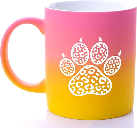 G MUGS Dog Paw Ceramic Coffee Mug, Leopard Print Pet Paw Design Mug, Tea Mug, Unique Animal Lover Gift for Women Men,13oz Yellow And Pink Mug