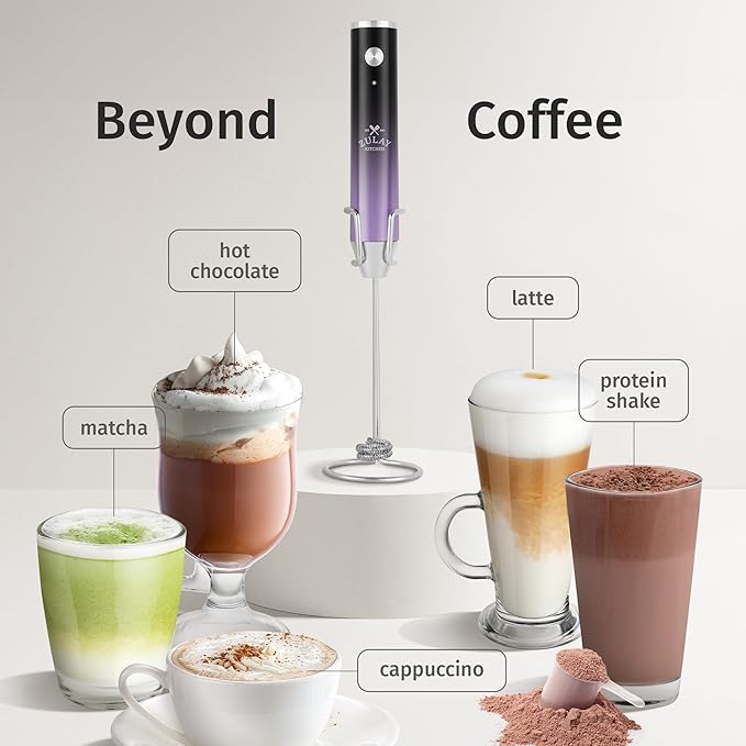 Zulay Kitchen Rechargeable Milk Frother Handheld Lux - Powerful 2-Speed Motor, Waterproof, 2000mAh Battery - Drink Mixer for Latte, Cappuccino, Matcha & Protein Powder - Black Purple
