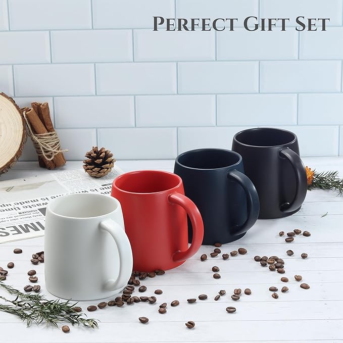 LINVIA Classic Mug, 14 oz Large Coffee Mug with Handle, Ceramic Porcelain Tea Cup, Smooth Matte (Sliding Lid, Set of 2, Red and Navy Blue)