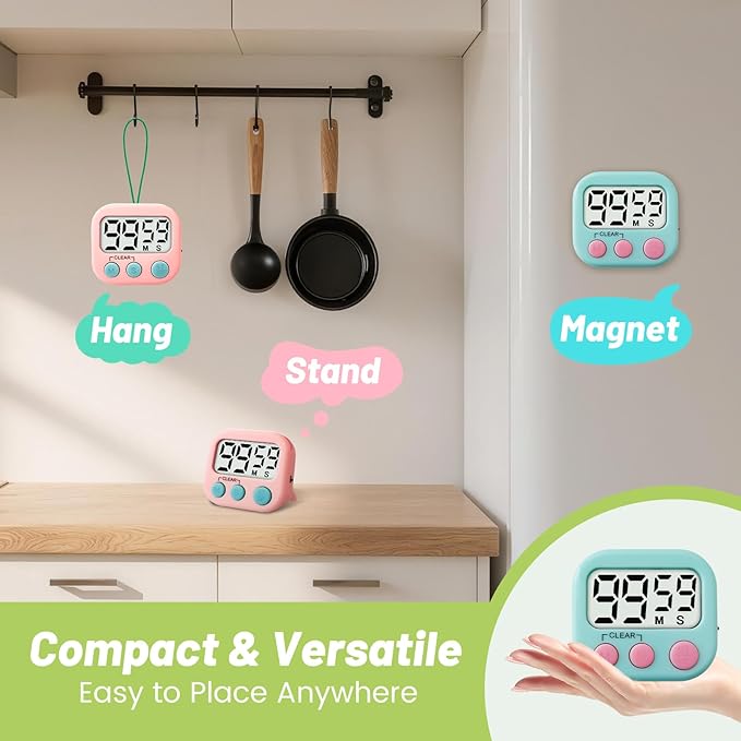 Glochin 2 Pcs Digital Timer for Kids, Magnetic Countdown Kitchen Timer, Upgrade Loud Alarm Timers for Cooking, Kitchen, Exercise, Work, Study, Classroom, Outdoor Activities, Battery not Including