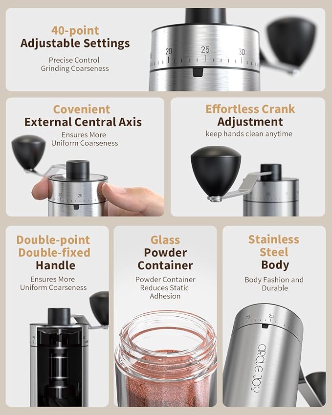 CIRCLE JOY Manual Coffee Grinder with 40 External Adjustable Settings, Portable Stainless Steel Hand Coffee Grinder, Ceramic Conical Burr Coffee Grinder for Camping, Travel and Espresso, 30g Capacity