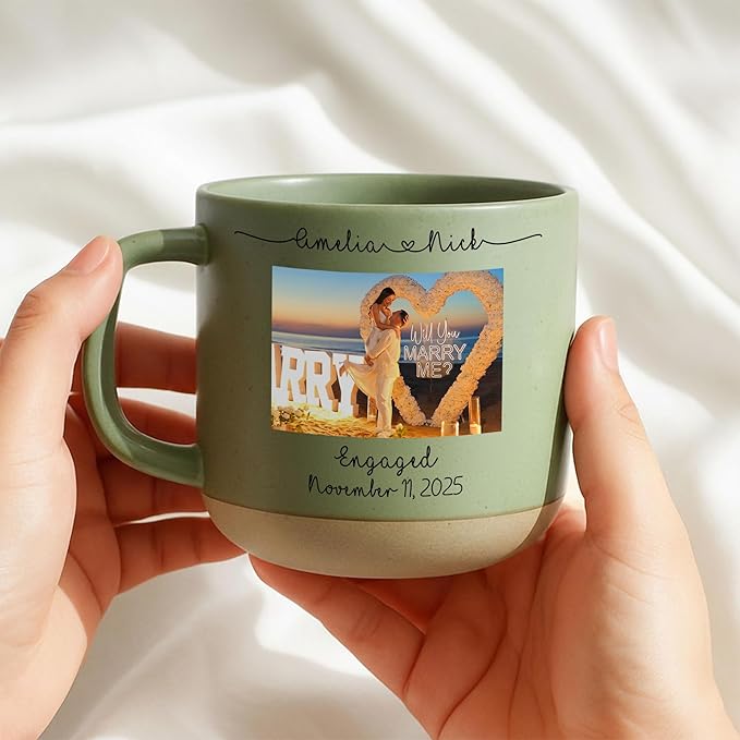 Personalized Engagement Photo Pottery Mug 12oz, Custom Couple Picture Mug with Names & Date, Wedding and Anniversary for Couple