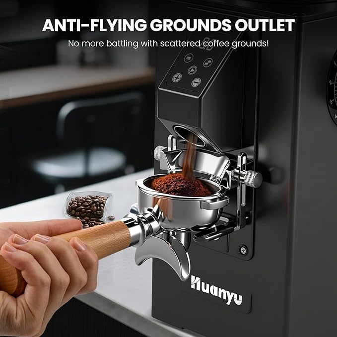 Huanyu Commercial Coffee Grinder, Built-In 58mm Auto Tamper, 64mm Flat Burr, Anti-Flying Grounds Outlet, 35OZ Hopper, 14 Grinding Settings, Smart Buttons for Cafés