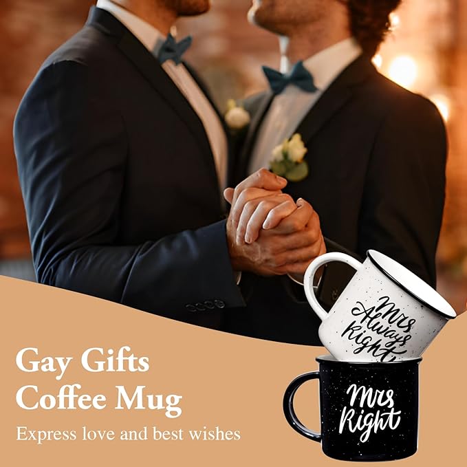 Physkoa Gay Gifts – Mr. Right & Mr. Always Right Mug Set, Funny Gay Couple Gift for Him, 11oz Ceramic Coffee Mugs for Gay Wedding, Anniversary, or Engagement