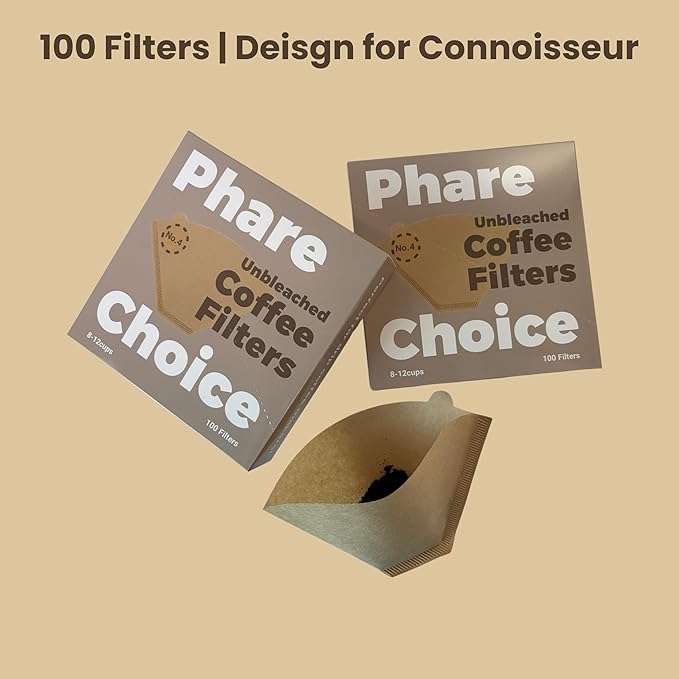 Phare Choice #4 Coffee Filters, 100 Count, Fits Ninja and Cuisinart 8-12 Cup Coffee Makers, Natural Unbleached Paper, No Blowout Design, Compatible with Pour Over Cones