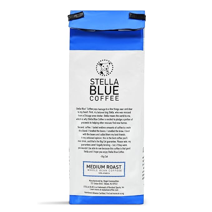 Stella Blue Whole Bean Coffee, Big Cat Blend, Medium Roast Caramel Hazelnut, Fruity Notes 100% Arabica Beans, Ethically Sourced from Central and South America, Smooth Balanced, 12oz Bag