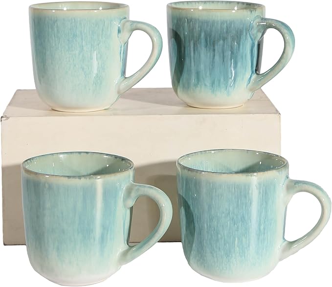 Stoneware Coffee Mugs Set of 4, 12 oz Aqua Ceramic Coffee Cups Microwave and Dishwasher Safe Stackable Coffee Mug Set with Easy Grip Handle for Home Kitchen Office Gift Set