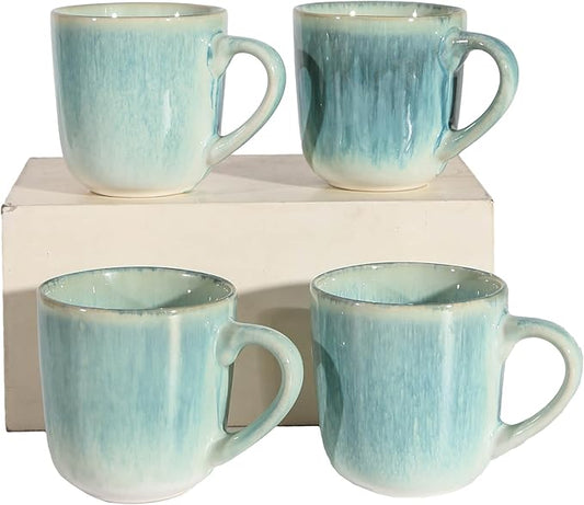 Stoneware Coffee Mugs Set of 4, 12 oz Aqua Ceramic Coffee Cups Microwave and Dishwasher Safe Stackable Coffee Mug Set with Easy Grip Handle for Home Kitchen Office Gift Set