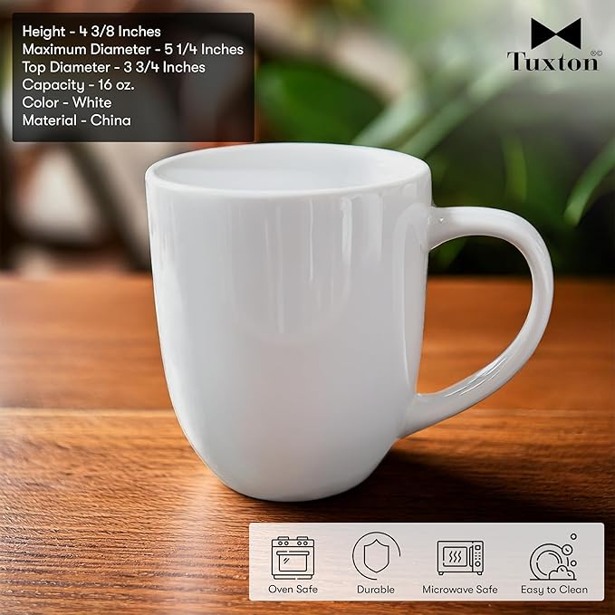 Tuxton China BPM-160A Milano Mug, 16 oz., 3-3/4" Diameter x 4-3/8"H, Microwave and Dishwasher Safe, Oven Proof, Fully Vitrified, DuraTux, Porcelain White, Pack of 24