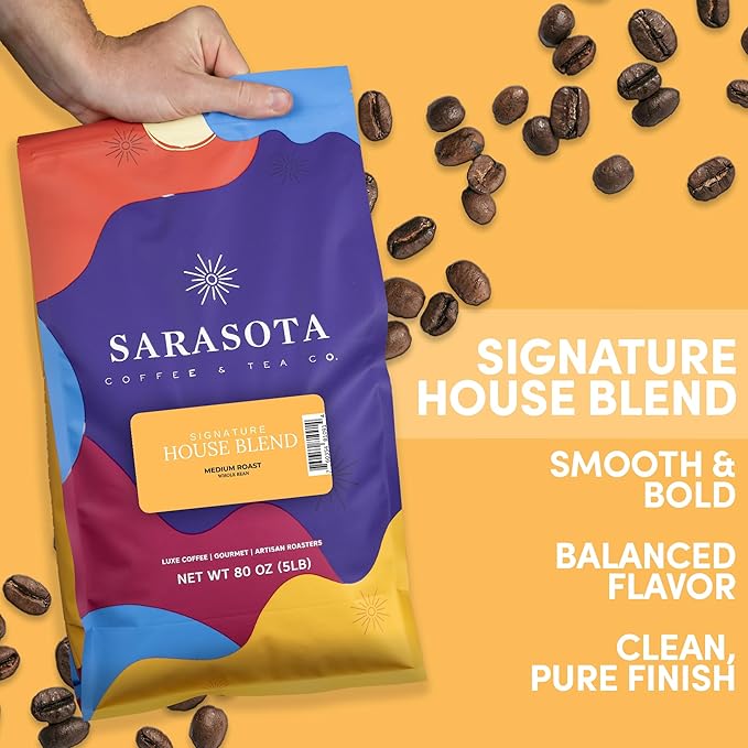 Sarasota Coffee Whole Bean Signature House Breakfast Blend | Medium Roast Gourmet Coffee Beans | Low Acid, Mold Free, Specialty Grade Bulk Beans | 5lb (80 oz)